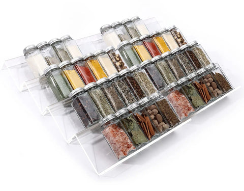 Heavy Duty Clear Acrylic Spice Drawer Organizer 4 Tier 2 Pack with spice jars on expandable rack.