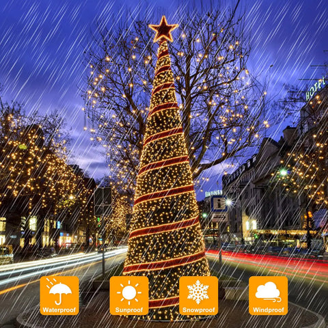 Mega Long Solar Fairy String Lights 288 Feet 800 LED Waterproof Outdoor Twinkle Lights With 8 Modes on a tall tree in the rain