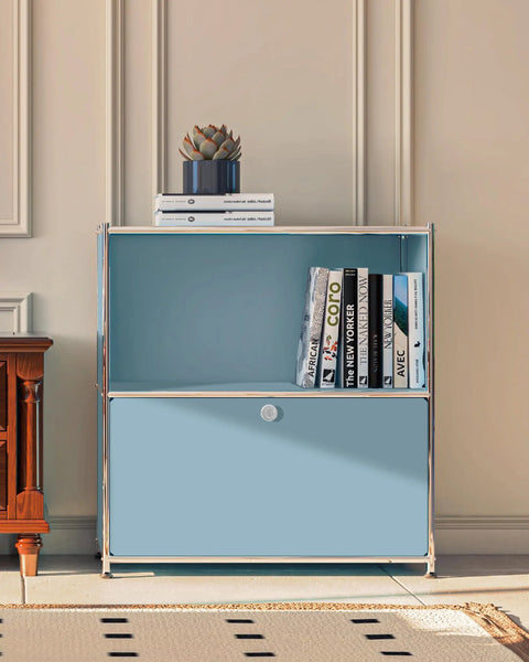 32.5 Inch Flip Top Side Table With Detachable Wheels And Large Storage, Buffet Cabinet, Corner Bookshelf, Wall Shelf, Cube Organizer And Bedside Table For Modern Home Decor In Blue in a modern interior setting.