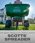 Quick Fix Grass Seed Mix Rapidly Patches Up Bare Lawn Sections Within Four To Seven Days 99 Percent Weed Free Zero Drama Ground Cover With Wind Erosion Guard Three Pound Bag For Yard Revival, Scotts Turf Builder spreader in action.
