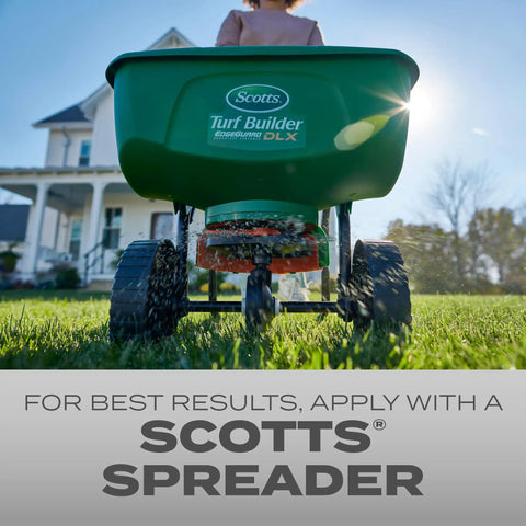 Quick Fix Grass Seed Mix Rapidly Patches Up Bare Lawn Sections Within Four To Seven Days 99 Percent Weed Free Zero Drama Ground Cover With Wind Erosion Guard Three Pound Bag For Yard Revival, Scotts Turf Builder spreader in action.