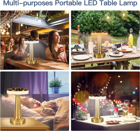 Cordless Desk Lamp With USB Charging on nightstand, dimly lit room, gold finish, ideal for kids' rooms and small offices, multi-purpose use.
