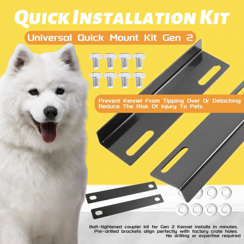Quick installation kit for Two Kennels Side By Side Coupler Kit With Two Top Brackets And Two Bottom Braces Includes Eight Mounting Bolts And Washers For Secure Transport Of RuffLand Medium To Large Kennels Not For X Large Crates shown with a dog, brackets, bolts, and washers.