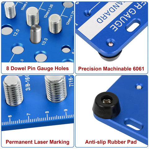 Close-up of 59 Nut And Bolt Thread Checker With Full Size Bolt And Nut Sizer Gauge showing features like holes and markings.