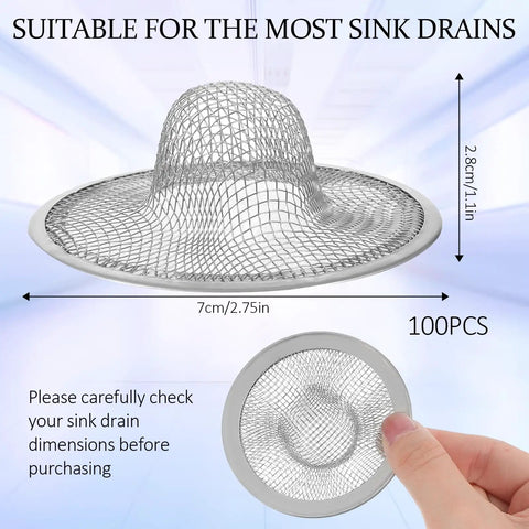 100 Pack Heavy Duty Stainless Steel Sink Strainers And Drain Basket Filters Keep Kitchen And Bathroom Pipes Slick No More Clogs shown in usage and size reference.