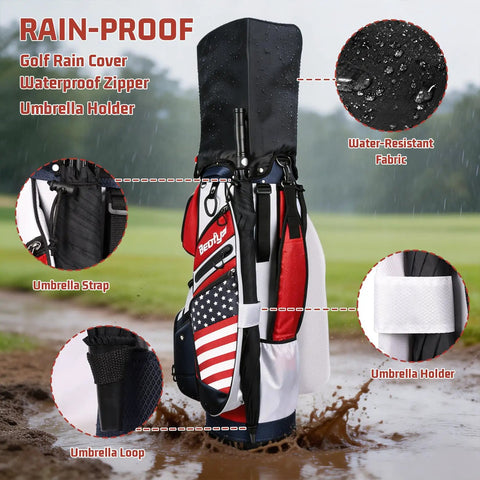 Fourteen Way Golf Cart Bag With T Lock Top And Full Length Dividers USA Flag Mens Premium Cart Golf Bag With Cooler And Rain Cover