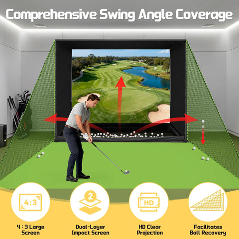 Indoor Golf Simulator Enclosure Net Kit 10x8ft With HD Impact Screen showing golfer in home practice setup.