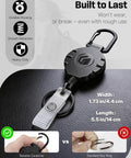 Heavy Duty Retractable Keychain With Carabiner Badge Reel For ID Holder, close-up on black case, shows width and length dimensions.