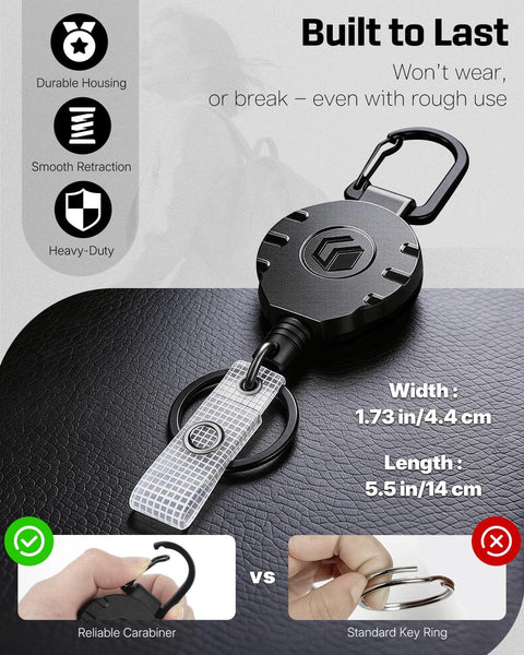 Heavy Duty Retractable Keychain With Carabiner Badge Reel For ID Holder, close-up on black case, shows width and length dimensions.