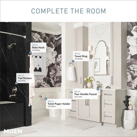 Modern bathroom with Spot Resist Brushed Nickel Two Handle Centerset Bathroom Sink Faucet With Drain Assembly and Halle accessories.