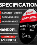 EZARC 1-1/2 in cut-off wheel with 1/8 in mandrel; max RPM 45,000