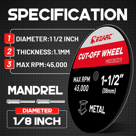 EZARC 1-1/2 in cut-off wheel with 1/8 in mandrel; max RPM 45,000