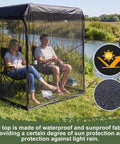 Double Sun Lounger Mosquito Net With Zipper Roof For Canopy Chairs, black bug netting, used outdoors for fishing near a lake.