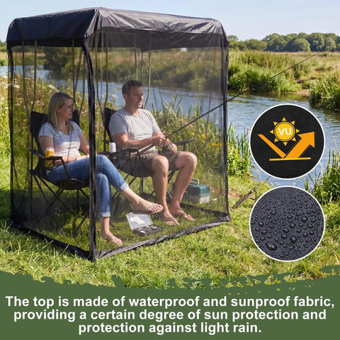 Double Sun Lounger Mosquito Net With Zipper Roof For Canopy Chairs, black bug netting, used outdoors for fishing near a lake.