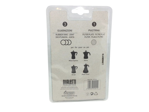 Back view of Bialetti Moka Express 6-cup replacement filter kit with 3 gaskets and 1 filter plate.