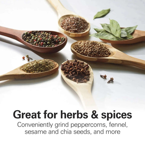 Wooden spoons with mixed spices and herbs, highlighting the Fresh Grind Electric Coffee Grinder For Beans, Spices And More.