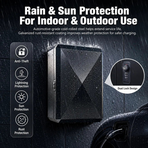 Lockable Outdoor Charger Enclosure Box Built From Heavy Duty Steel With Weatherproof Charging Station Cover For Electric Vehicles shown in rain protection.