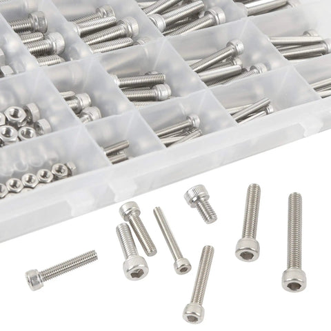 Heavy Duty Top Shelf 304 Stainless Steel Hex Socket Cap Screw And Nut Assortment Kit featuring various metric screws in clear organizer.