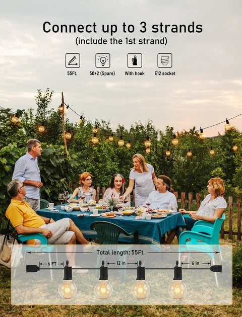 55Ft G40 Globe String Lights With 52 Edison Glass Bulbs And 2 Spare, Waterproof Connectable Patio Lights installed at outdoor dinner party