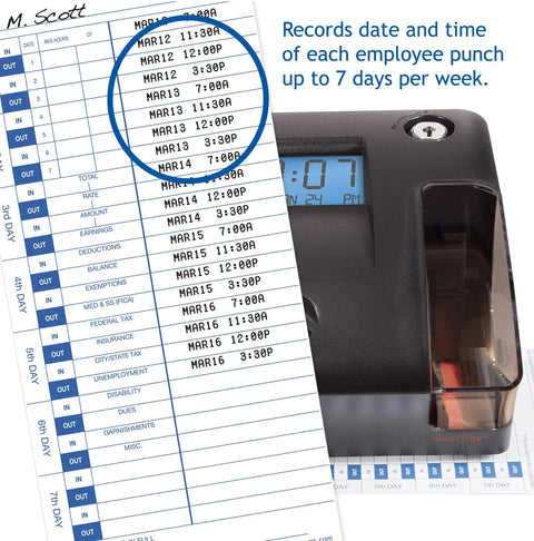 No Sweat Dual Action Time Clock And Document Stamp With Smart Led Windows For Efficient Shift Tracking and Crisp Date Stamps showing employee punches.