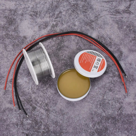 Tin Lead Solder Wire Kit With Rosin Paste Flux 60-40 Core Solder 0.8mm Diameter 50g For Electrical Soldering, Handy Pocket Pack With Red And Black 22 AWG Tinned Copper Wires on a surface