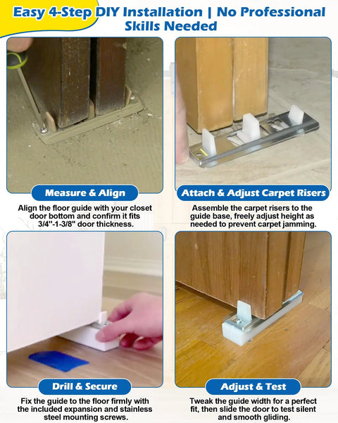 Adjustable Sliding Closet Door Floor Guides With Carpet Risers, 2 Pack, Universal Fit For 3/4 To 1-3/8 Inch Thick Doors, installation steps