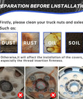 Installation guide for 32 And 33mm Lug Nut Covers For Semi Trucks And Trailers with images of dust, rust, oil, and clean wheel.