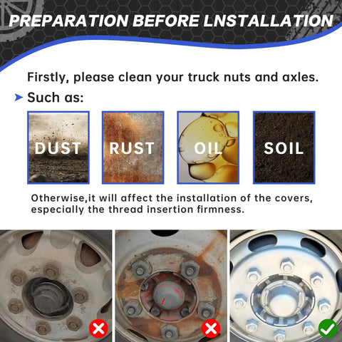 Installation guide for 32 And 33mm Lug Nut Covers For Semi Trucks And Trailers with images of dust, rust, oil, and clean wheel.