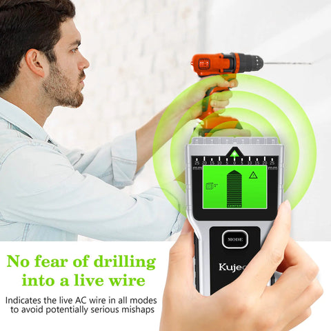 Person using 8 In 1 Wall Scanner And Stud Finder With Magnetic Detector LCD Display Bubble Level to avoid drilling into live wires.