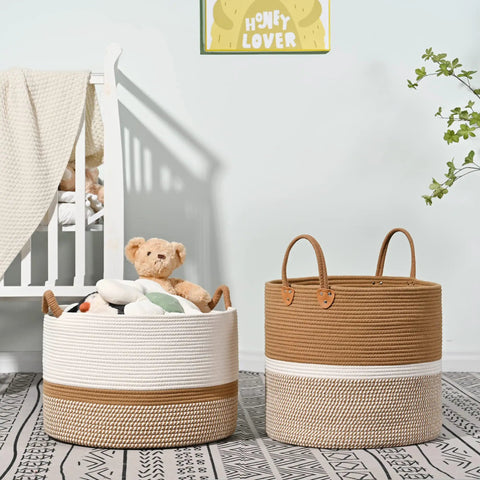 Large Cotton Rope Blanket Basket For Nursery And Living Room Storage Woven Laundry Hamper And Toy Chest 20 By 13 Inches White And Brown