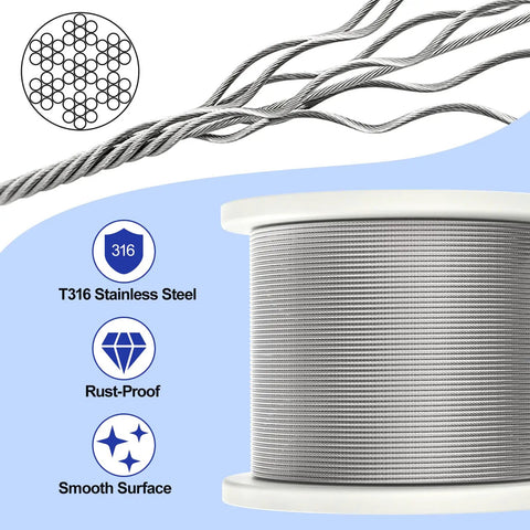 Spool of Five Hundred Feet Of One Eighth Inch Stainless Steel Cable Wire Rope T316 Marine Grade 7x7 Construction with diagram