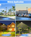 60W LED Post Top Light With Photocell in street, parking lot, courtyard, and park applications, showcasing versatility.