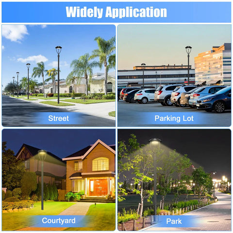 80W LED Post Top Light With Photocell, Adjustable CCT 3000K 4000K 5000K, illuminating street, parking lot, courtyard, and park scenes