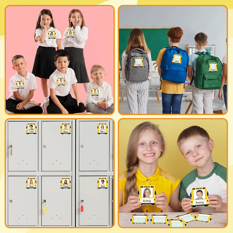 Bus Themed 24 Pack Kid Friendly School Name Plates For Desks And Cubbies Self Adhesive With Photo Space used by children
