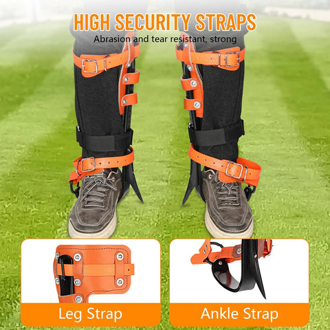 Go To Tree Climbing Spikes Set With Alloy Steel Climbing Spurs showing high security leg and ankle straps on grass