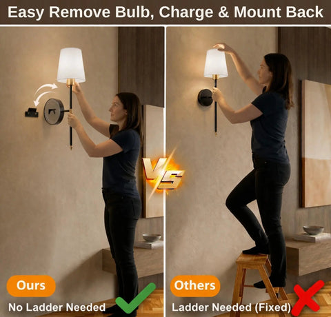 Premium Gold Wall Sconces Set Of 2, Wireless Rechargeable And Dimmable Battery Operated Lights demonstration of easy bulb removal.