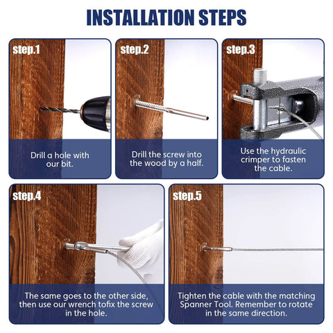 DIY Ready Left And Right Handed Swage Lag Screws In T316 Stainless Steel For Wood Posts, One Eighth Inch Cable Railing Kit, Deck And Stair Railing Hardware, Adjustable Tension For Horizontal Or Vertical Balusters HF014S installation steps
