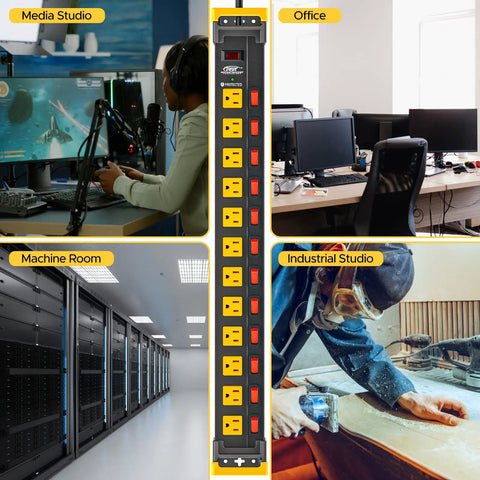 Heavy Duty 12-Outlet Metal Power Strip With Individual Switches in diverse settings including office and workshop