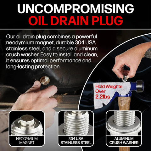 Votex magnetic engine oil drain plug kit with neodymium magnet, stainless steel body, aluminum crush washer — front view.