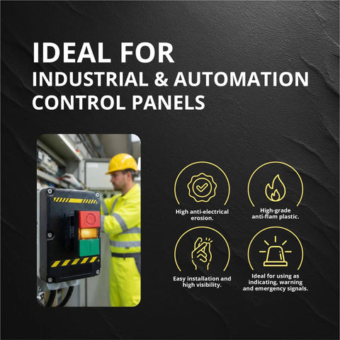 Double Head Push Button With Signal Lamp On Off Start Stop Switch For Home And Industrial Gear And Mount Panels displayed in use