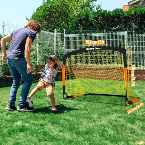 Kids Backyard Soccer Goal Net 5x3.6 Feet Two Set For Home Practice And Family Fun Weather Resistant And Easy Setup Turn Your Yard Into A Mini Stadium For Focused Drills And Real Soccer Play shown in use on grass with child and adult playing
