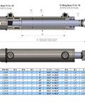 Technical drawing of Double Acting Hydraulic Cylinder With Hole Mount Design, 1.5 Inch Bore, 20 Inch Stroke, 3500 PSI SAE 6 Ports.