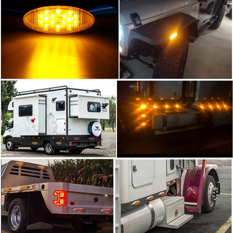 Collage of 6.6 Inch Oval Amber LED Side Marker Lights Kit on various vehicles, showing waterproof chrome mounts and 16 LEDs in action