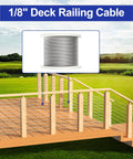 Five Hundred Feet Of One Eighth Inch Stainless Steel Cable Wire Rope T316 Marine Grade 7x7 Construction With About 1850 Lbs Breaking Strength Beefy Built For Deck Railing And DIY Balustrades Indoors Or Outdoors, shown on a spool next to an outdoor deck railing.