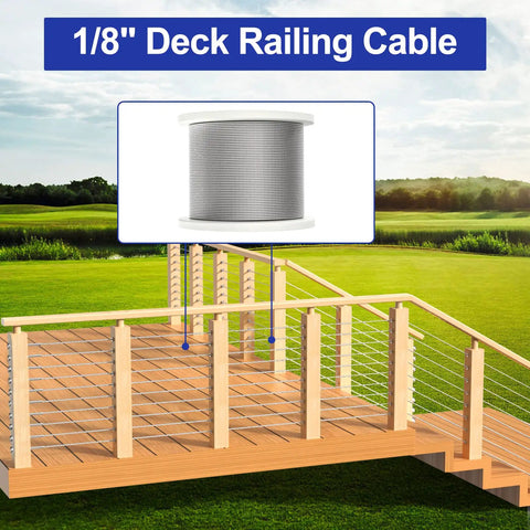 Five Hundred Feet Of One Eighth Inch Stainless Steel Cable Wire Rope T316 Marine Grade 7x7 Construction With About 1850 Lbs Breaking Strength Beefy Built For Deck Railing And DIY Balustrades Indoors Or Outdoors, shown on a spool next to an outdoor deck railing.