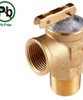Side view of brass 3/4 inch EFIELD IPS isolator for tankless water heater service valve kit with pressure relief valve.