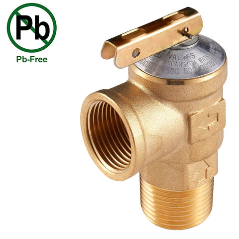 Side view of brass 3/4 inch EFIELD IPS isolator for tankless water heater service valve kit with pressure relief valve.