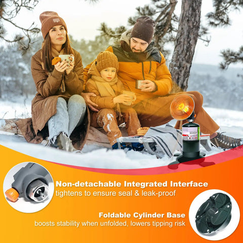 Family using 8500 BTU Portable Propane Heater For Outdoor Camping With Piezo Ignition while picnicking in snowy landscape