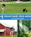Pole Mount For Solar Panels With Adjustable Angle And Size Fits 5W To 50W Panels, in field and forest settings, adjacent to buildings.
