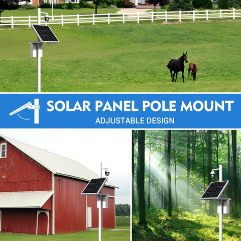 Pole Mount For Solar Panels With Adjustable Angle And Size Fits 5W To 50W Panels, in field and forest settings, adjacent to buildings.